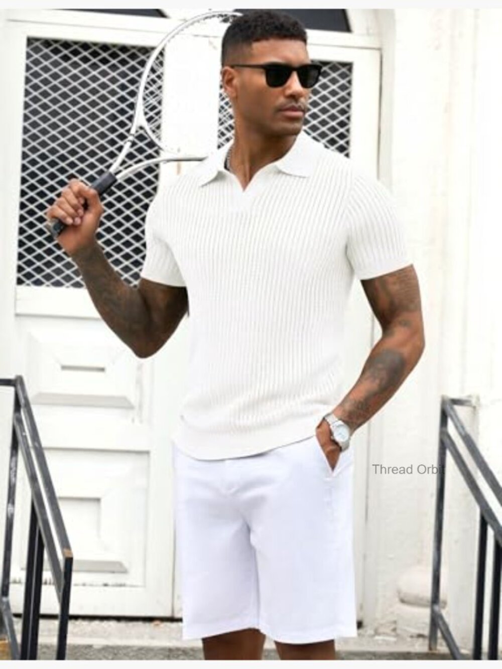 Mens V Neck Polo Shirt Short Sleeve Muscle Hollow Knit Golf Tee - Picture 3 of 7